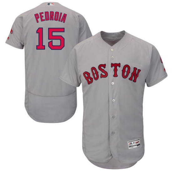 Men's Majestic Boston Red Sox 15 Dustin Pedroia Grey Road Flex Base Authentic Collection MLB Jersey