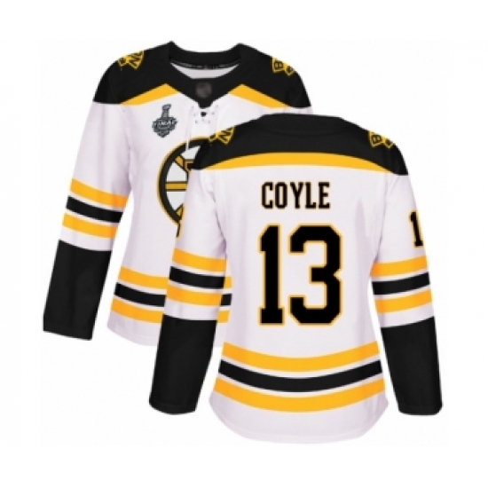 Women's Boston Bruins 13 Charlie Coyle Authentic White Away 2019 Stanley Cup Final Bound Hockey Jersey