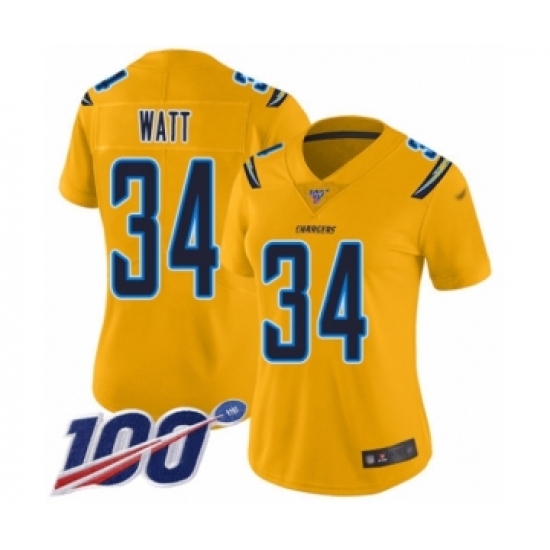 Women's Los Angeles Chargers 34 Derek Watt Limited Gold Inverted Legend 100th Season Football Jersey