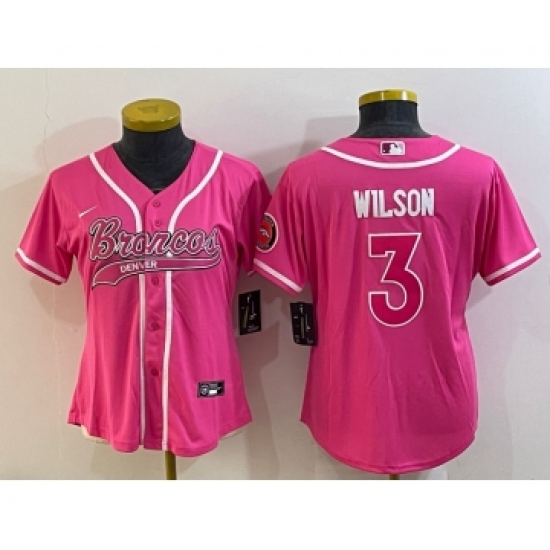 Women's Denver Broncos 3 Russell Wilson Pink With Patch Cool Base Stitched Baseball Jersey