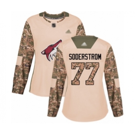 Women's Arizona Coyotes 77 Victor Soderstrom Authentic Camo Veterans Day Practice Hockey Jersey