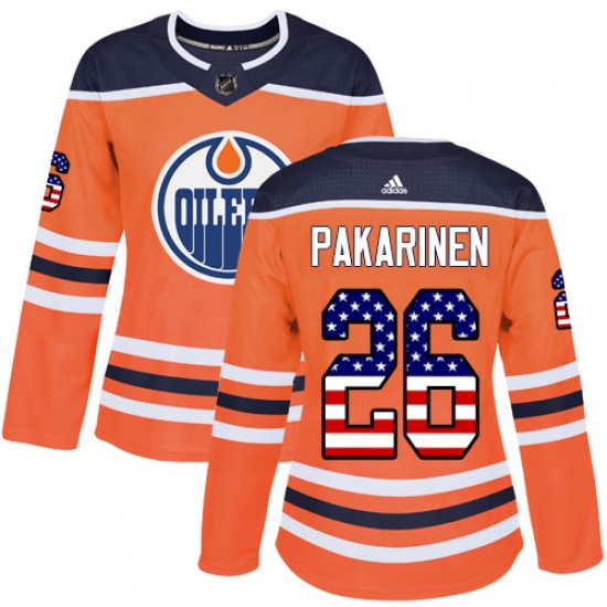 Women's Adidas Edmonton Oilers 26 Iiro Pakarinen Authentic Orange USA Flag Fashion NHL Jersey