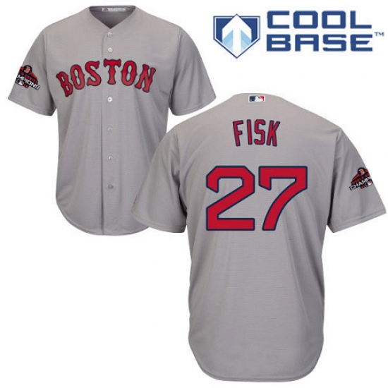 Youth Majestic Boston Red Sox 27 Carlton Fisk Authentic Grey Road Cool Base 2018 World Series Champions MLB Jersey