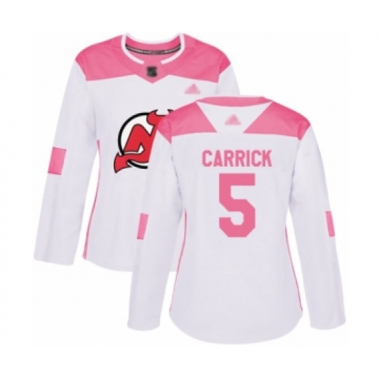 Women's New Jersey Devils 5 Connor Carrick Authentic White Pink Fashion Hockey Jersey