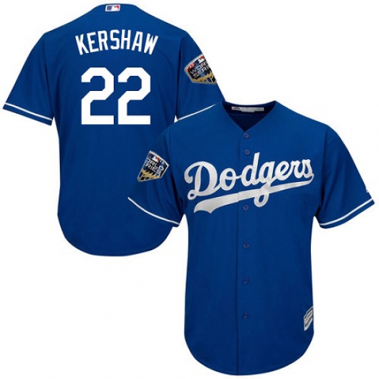 Women's Majestic Los Angeles Dodgers 22 Clayton Kershaw Authentic Royal Blue Alternate Cool Base 2018 World Series MLB Jersey