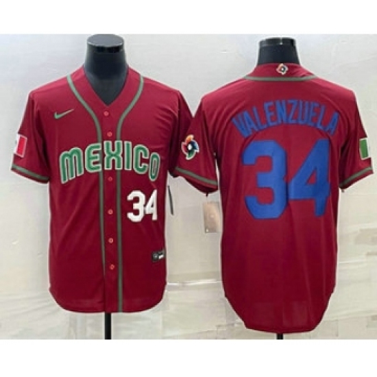 Men's Mexico Baseball 34 Fernando Valenzuela Number 2023 Red Blue World Baseball Classic Stitched Jersey1