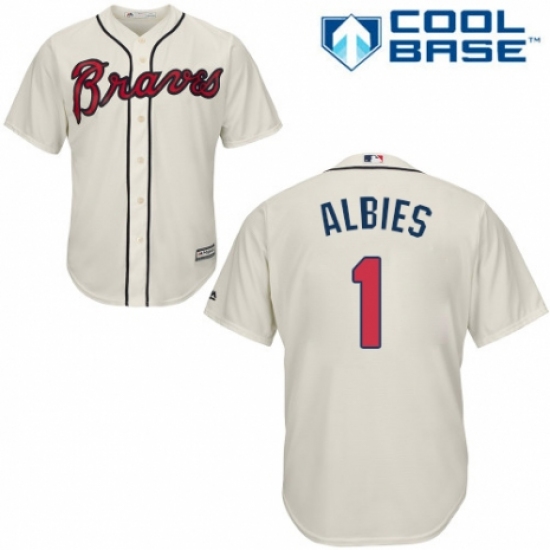 Youth Majestic Atlanta Braves 1 Ozzie Albies Replica Cream Alternate 2 Cool Base MLB Jersey