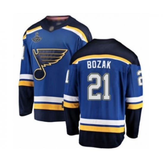 Men's St. Louis Blues 21 Tyler Bozak Fanatics Branded Royal Blue Home Breakaway 2019 Stanley Cup Champions Hockey Jersey