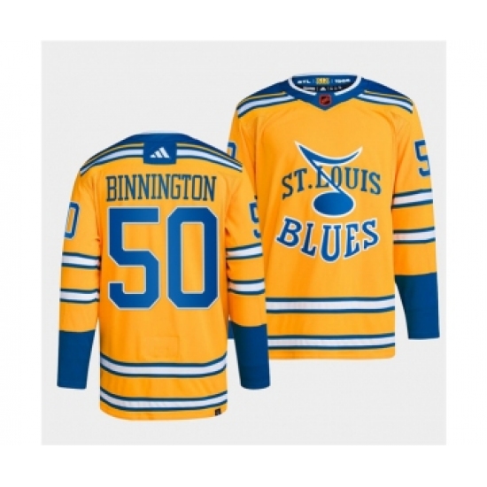 Men's St. Louis Blues 50 Jordan Binnington Yellow 2022-23 Reverse Retro Stitched Jersey