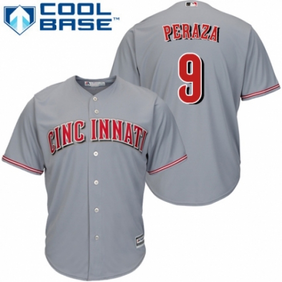 Men's Majestic Cincinnati Reds 9 Jose Peraza Replica Grey Road Cool Base MLB Jersey