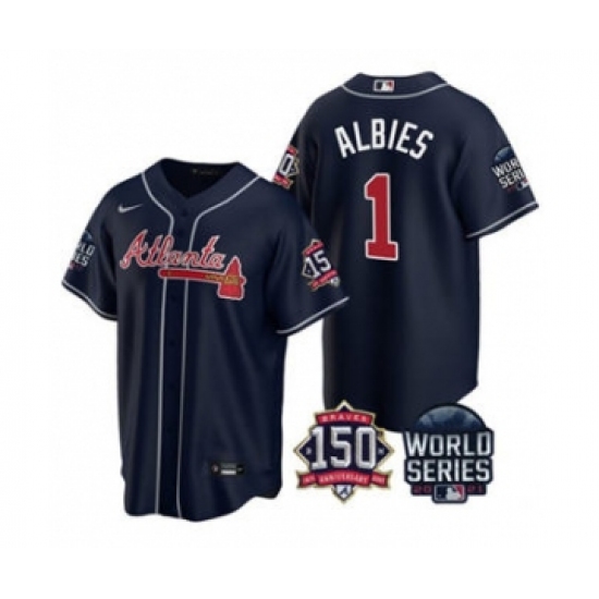 Men's Atlanta Braves 1 Ozzie Albies 2021 Navy World Series With 150th Anniversary Patch Cool Base Baseball Jersey