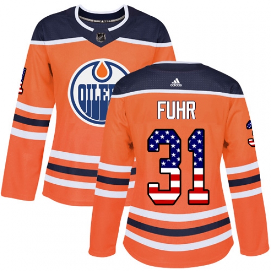 Women's Adidas Edmonton Oilers 31 Grant Fuhr Authentic Orange USA Flag Fashion NHL Jersey