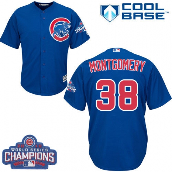 Youth Majestic Chicago Cubs 38 Mike Montgomery Authentic Royal Blue Alternate 2016 World Series Champions Cool Base MLB Jersey