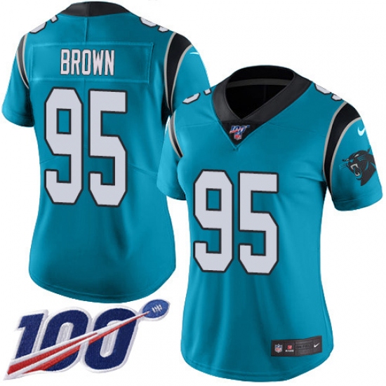 Women's Carolina Panthers 95 Derrick Brown Blue Alternate Stitched NFL 100th Season Vapor Untouchable Limited Jersey