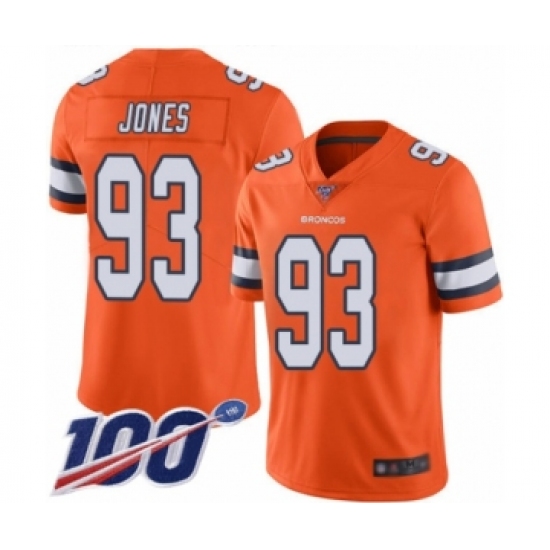 Men's Denver Broncos 93 Dre'Mont Jones Limited Orange Rush Vapor Untouchable 100th Season Football Jersey