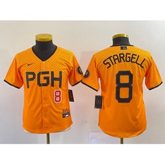 Youth Nike Pittsburgh Pirates 8 Willie Stargell Number Yellow 2023 City Connect Stitched Jersey