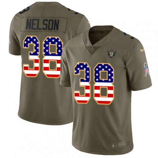 Youth Nike Oakland Raiders 38 Nick Nelson Limited Olive USA Flag 2017 Salute to Service NFL Jersey