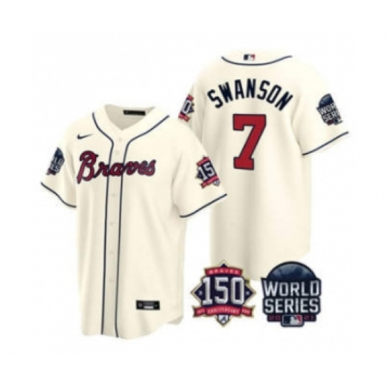 Men's Atlanta Braves 7 Dansby Swanson 2021 Cream World Series With 150th Anniversary Patch Cool Base Baseball Jersey