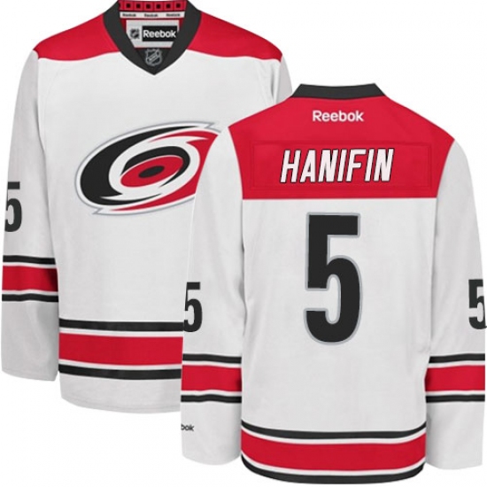 Men's Reebok Carolina Hurricanes 5 Noah Hanifin Authentic White Away NHL Jersey