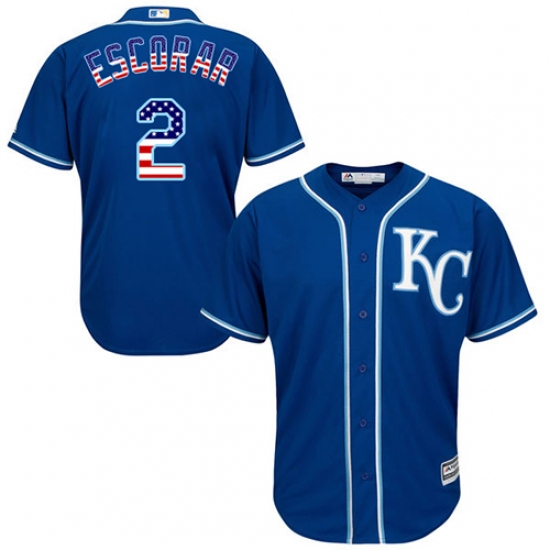 Men's Majestic Kansas City Royals 2 Alcides Escobar Replica Royal Blue USA Flag Fashion MLB Jersey