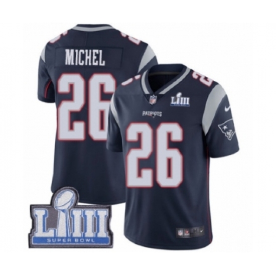 Men's Nike New England Patriots 26 Sony Michel Navy Blue Team Color Vapor Untouchable Limited Player Super Bowl LIII Bound NFL Jersey