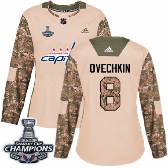 Women's Adidas Washington Capitals 8 Alex Ovechkin Authentic Camo Veterans Day Practice 2018 Stanley Cup Final Champions NHL Jersey