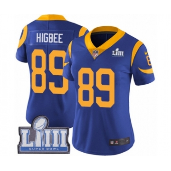 Women's Nike Los Angeles Rams 89 Tyler Higbee Royal Blue Alternate Vapor Untouchable Limited Player Super Bowl LIII Bound NFL Jersey