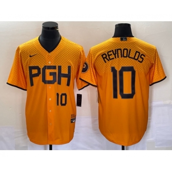 Men's Nike Pittsburgh Pirates 10 Bryan Reynolds Number Gold 2023 City Connect Stitched Jersey1