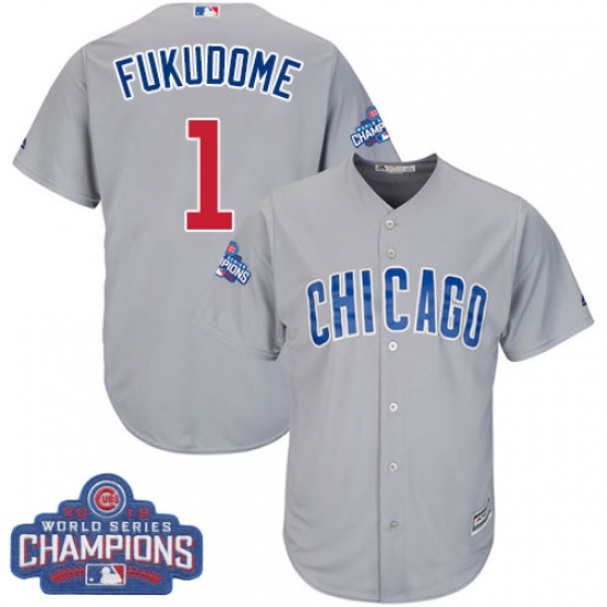 Youth Majestic Chicago Cubs 1 Kosuke Fukudome Authentic Grey Road 2016 World Series Champions Cool Base MLB Jersey