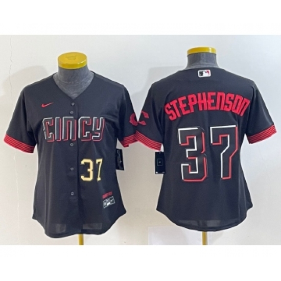 Women's Cincinnati Reds 37 Tyler Stephenson Number Black 2023 City Connect Cool Base Stitched Jersey1