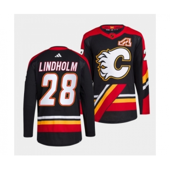 Men's Calgary Flames 28 Elias Lindholm Black 2022-23 Reverse Retro Stitched Jersey