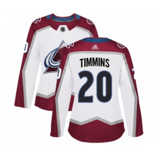 Women's Colorado Avalanche 20 Conor Timmins Authentic White Away Hockey Jersey