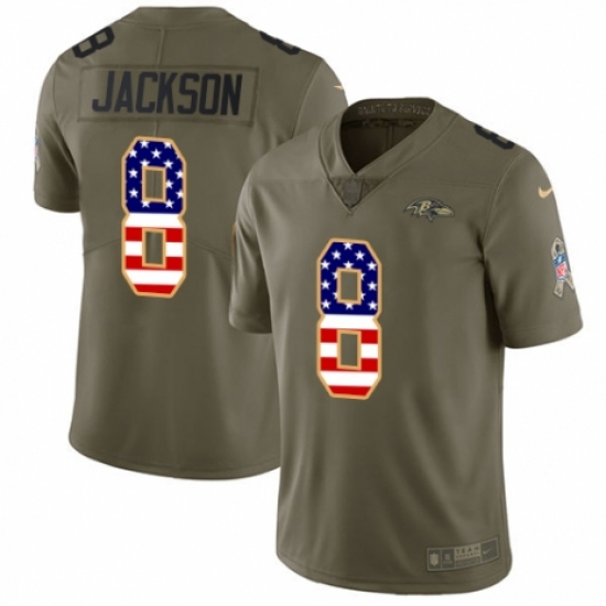 Men's Nike Baltimore Ravens 8 Lamar Jackson Limited Olive/USA Flag Salute to Service NFL Jersey