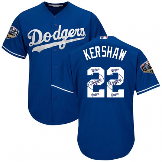 Men's Majestic Los Angeles Dodgers 22 Clayton Kershaw Authentic Royal Blue Team Logo Fashion Cool Base 2018 World Series MLB Jersey