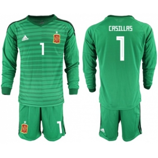 Spain 1 Casillas Green Long Sleeves Goalkeeper Soccer Country Jersey