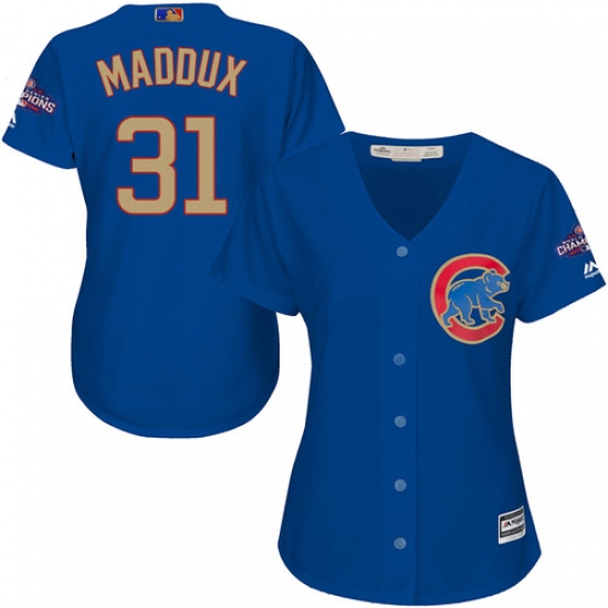 Women's Majestic Chicago Cubs 31 Greg Maddux Authentic Royal Blue 2017 Gold Champion MLB Jersey