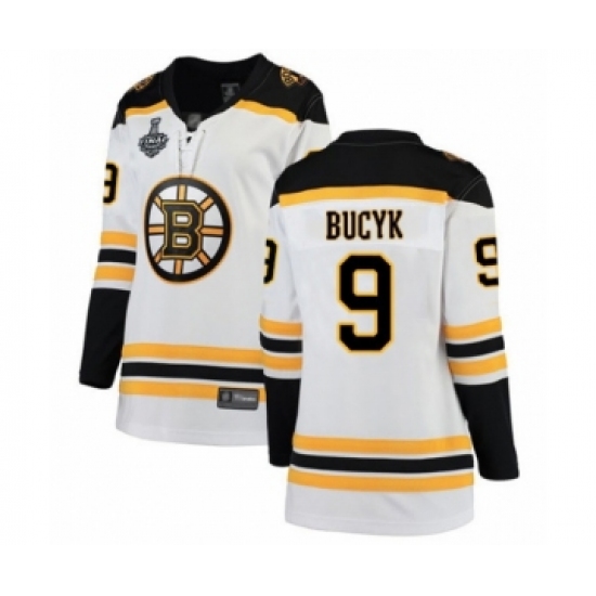 Women's Boston Bruins 9 Johnny Bucyk Authentic White Away Fanatics Branded Breakaway 2019 Stanley Cup Final Bound Hockey Jersey