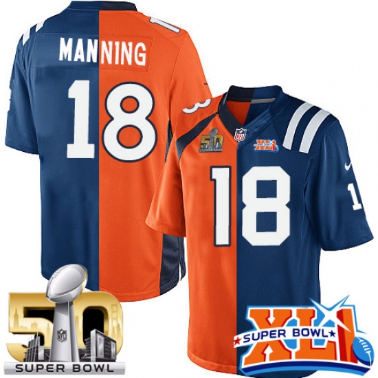 Youth Nike Indianapolis Colts 18 Peyton Manning Elite Royal Blue/Orange Split Fashion Super Bowl XLI & Super Bowl L NFL Jersey