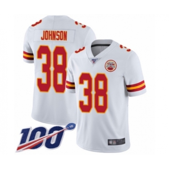 Men's Kansas City Chiefs 38 Dontae Johnson White Vapor Untouchable Limited Player 100th Season Football Jersey