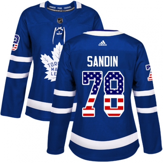 Women's Adidas Toronto Maple Leafs 78 Rasmus Sandin Authentic Royal Blue USA Flag Fashion NHL Jersey