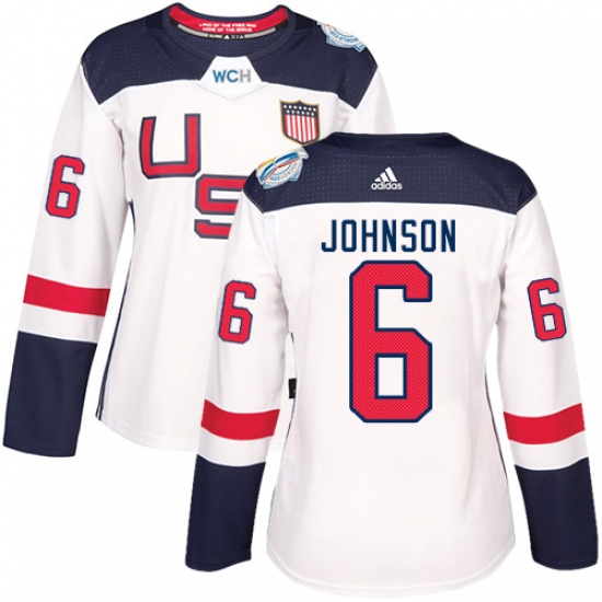 Women's Adidas Team USA 6 Erik Johnson Authentic White Home 2016 World Cup Hockey Jersey