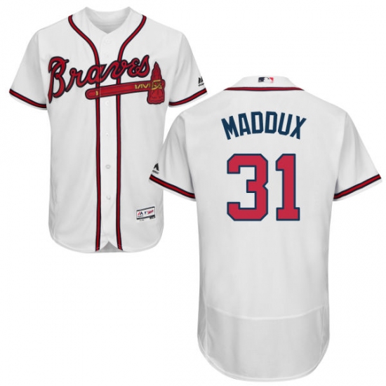 Men's Majestic Atlanta Braves 31 Greg Maddux White Home Flex Base Authentic Collection MLB Jersey