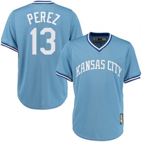 Men's Majestic Kansas City Royals 13 Salvador Perez Authentic Light Blue Cooperstown MLB Jersey