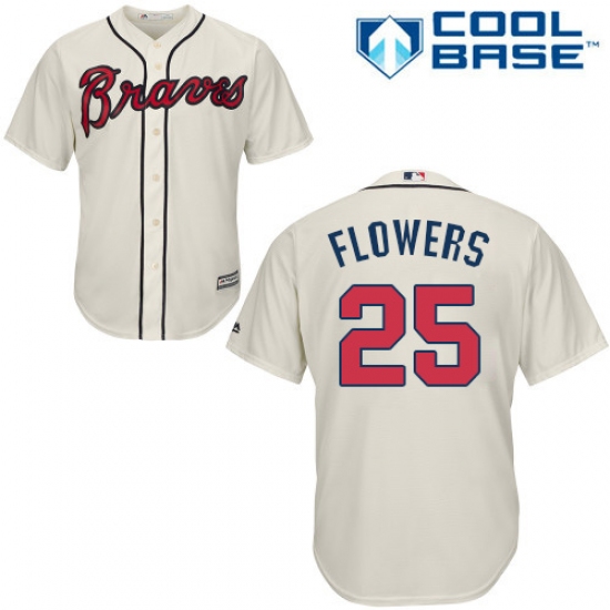 Youth Majestic Atlanta Braves 25 Tyler Flowers Authentic Cream Alternate 2 Cool Base MLB Jersey