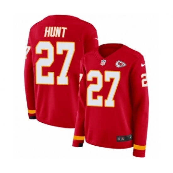 Women's Nike Kansas City Chiefs 27 Kareem Hunt Limited Red Therma Long Sleeve NFL Jersey