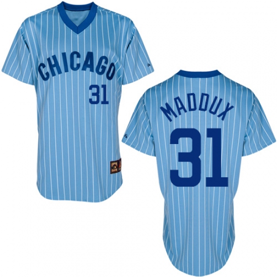 Men's Majestic Chicago Cubs 31 Greg Maddux Authentic Blue/White Strip Cooperstown Throwback MLB Jersey