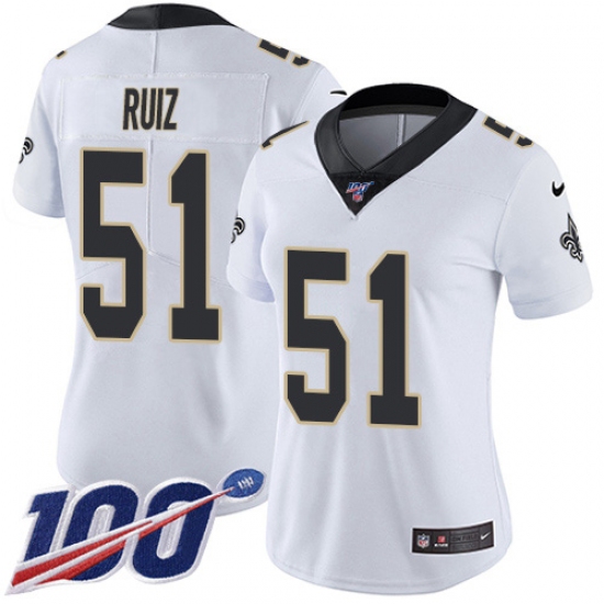 Women's New Orleans Saints 51 Cesar Ruiz White Stitched NFL 100th Season Vapor Untouchable Limited Jersey