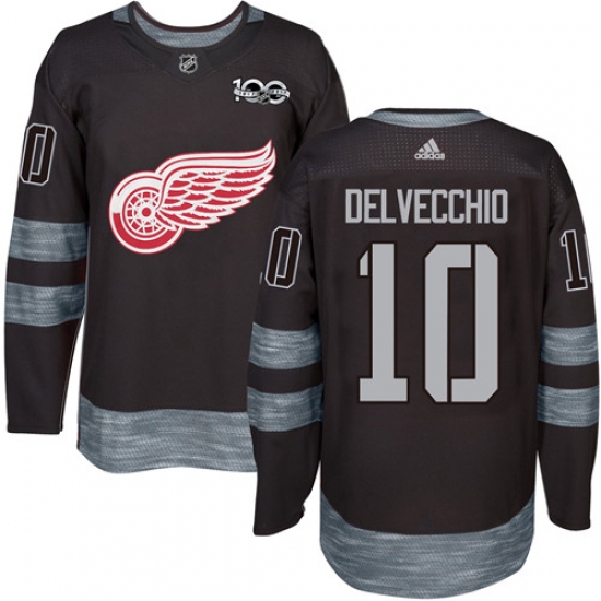 Men's Adidas Detroit Red Wings 10 Alex Delvecchio Authentic Black 1917-2017 100th Anniversary NHL Jersey