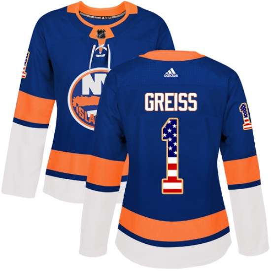 Women's Adidas New York Islanders 1 Thomas Greiss Authentic Royal Blue USA Flag Fashion NHL Jersey