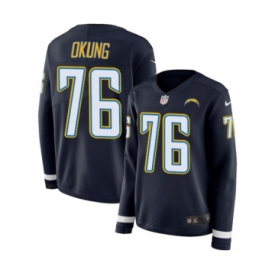 Women's Nike Los Angeles Chargers 76 Russell Okung Limited Navy Blue Therma Long Sleeve NFL Jersey